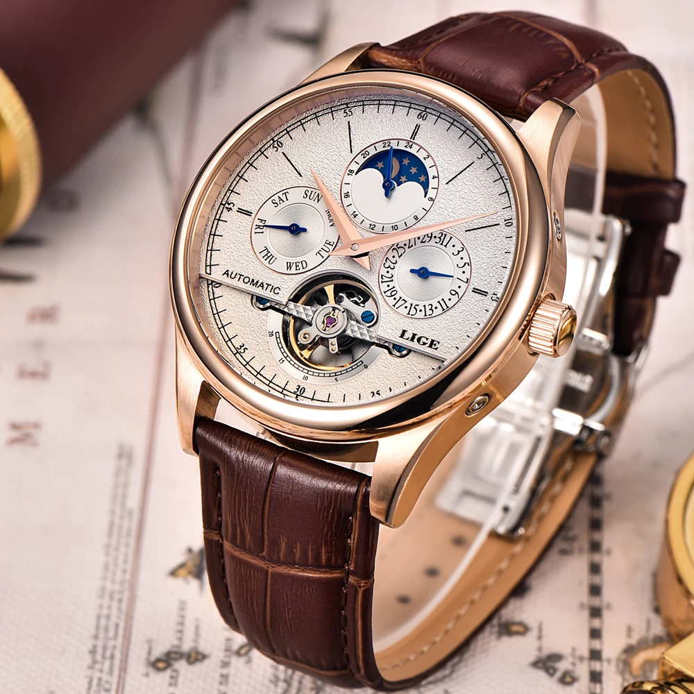 Relojes de Hombre de marca LIGE reloj mecánico automático reloj deportivo Tourbillon cuero Casual negocios Retro reloj de pulsera Hombre - 2