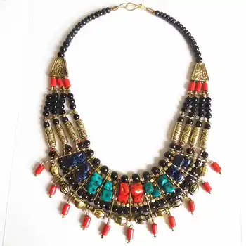 

TNL575 Tibetan jewelry Multi-layer Beaded Necklace Simulated Turquoises Nuggets Lampwork Beads from Nepal