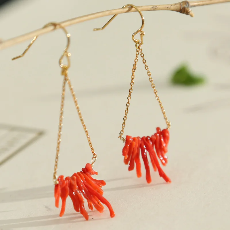 

Italian designer manually jubilant 925 sterling silver needle big red coral earrings ear hook