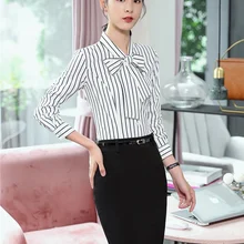 Женские костюмы из двух частей с юбкой и топом, Белые Полосатые блузки и рубашки, Женская Деловая одежда