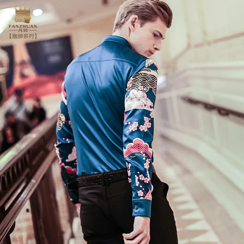 FanZhuan,, новая мужская Мода, повседневная мужская рубашка с длинным рукавом и воротником с принтом крана, 712011, блузка