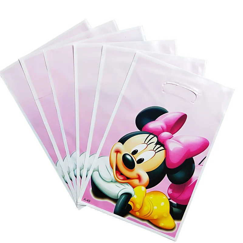 

10/20pcs 16.5*25cm Plastic Gift Bag Pink Bowknot Minnie Mouse Loot Bag Kid Boy Birthday Party supplies Cartoon Theme Decoration