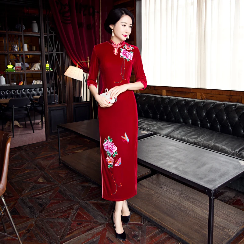 Новое поступление Для женщин Длинные Cheongsam моды китайский Стиль велюр элегантное платье Qipao Vestido Размеры размеры s m l xl XXL, XXXL 23602C
