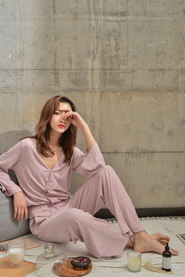 Женская одежда осень с длинным рукавом Брюки Модальная пижама из тонкой ткани одноцветная Пижама с v-образным вырезом Пижама домашняя одежда Пижама пижамный комплект