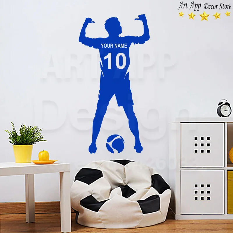 Высокое качество, дизайн с именем, дешевые украшения для дома, виниловые наклейки на стену с изображением футболиста, съемные наклейки с номером, спортивные наклейки на заказ