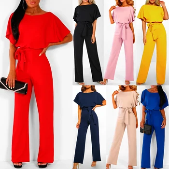 

Women Short Sleeve Wide Leg Loose Solid Color Jumpsuit for Summer Cocktail Party FS99
