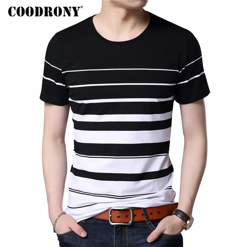 Tanie COODRONY bawełniany t shirt z krótkim rękawem mężczyźni marka odzież 2019 wiosna lato nowe modne w paski drukuj O Neck Tee Shirt topy S7633