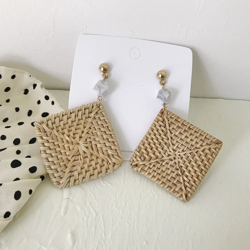 

Korea Earrings Exaggerated Geometric Square Rattan Straw Wooden Earring Fashion Women Ear Rings 2019 Ethnic Style Summer Jewelry