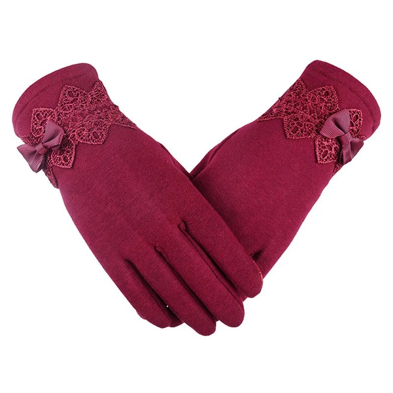 Новые женские осенне-зимние неинвертированные бархатные кашемировые теплые кружевные перчатки на весь палец женские хлопковые перчатки для сенсорного экрана G82 - Цвет: H Red