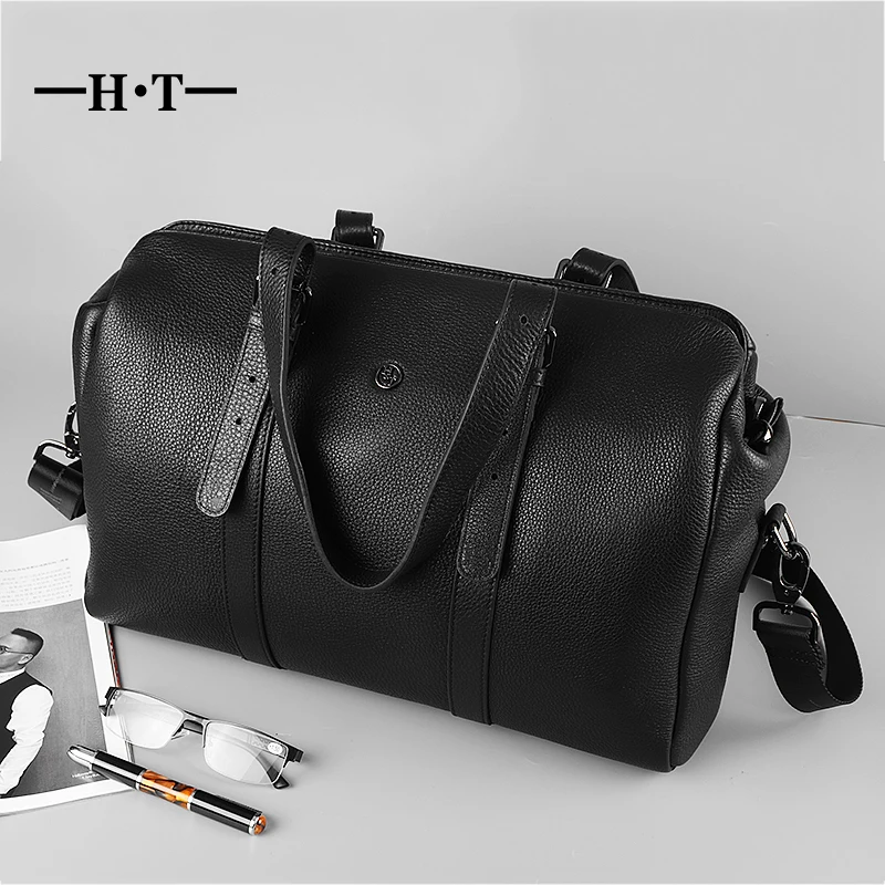 

HT Genuine Leather Travel Bags Black Luggage For Mens Large Capacity Weekend Bag Carry On Duffel Cow Leather Traveling Totes