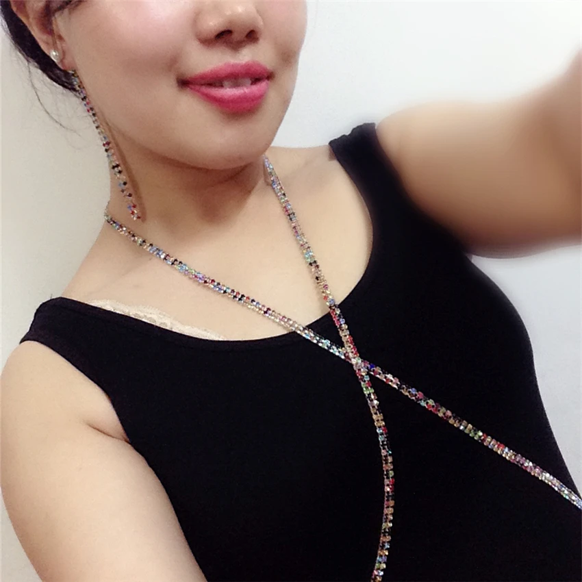 

rhinestone body chain harness bohemian necklace women maxi collier sautoir long beach body jewelry pendant necklace