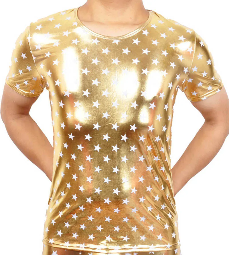 Мужская кожаная рубашка, нижнее белье с рисунком звезды, короткие рубашки, шоу Топ, повседневная одежда - Цвет: Золотой