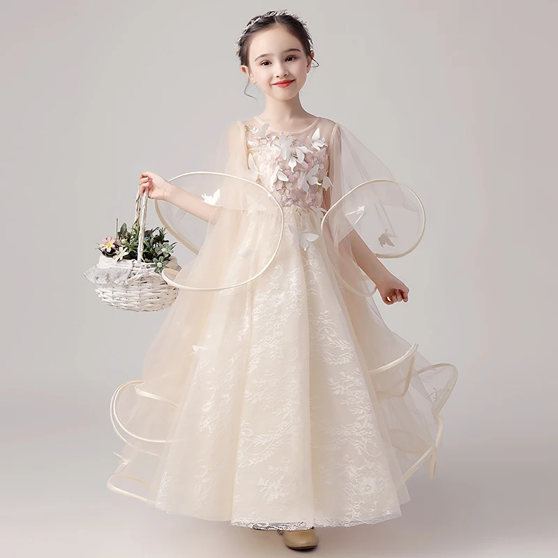 

Champagne Sequined Flower Girl Dresses Backless Lace Up Birthday Evening Gowns Appliques Flare Sleeve Kids Pageant Dress B410