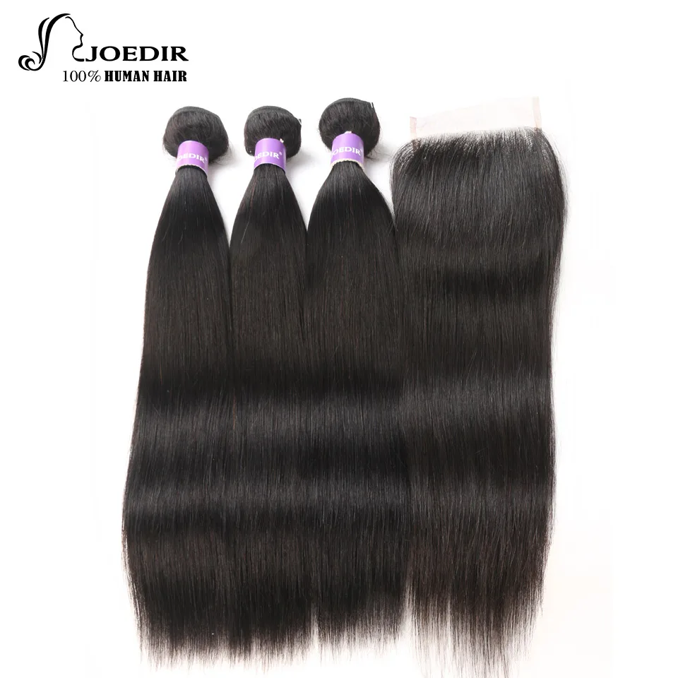 Joedir Hair 8 To 26 Inch Brazilian Straight 3 Bundles With 4x4 Lace