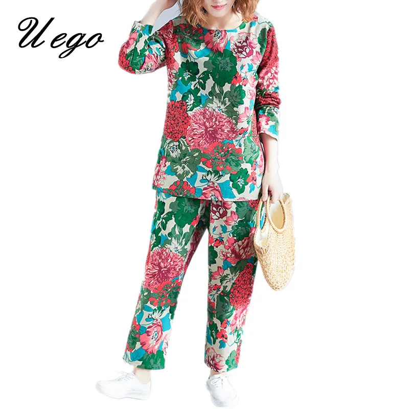 

Uego 2019 New Arrival Spring Women Clothes Sets Printing Floral Vintage Chinese Style Women's Set Tops+long Pants Two Piece Sets