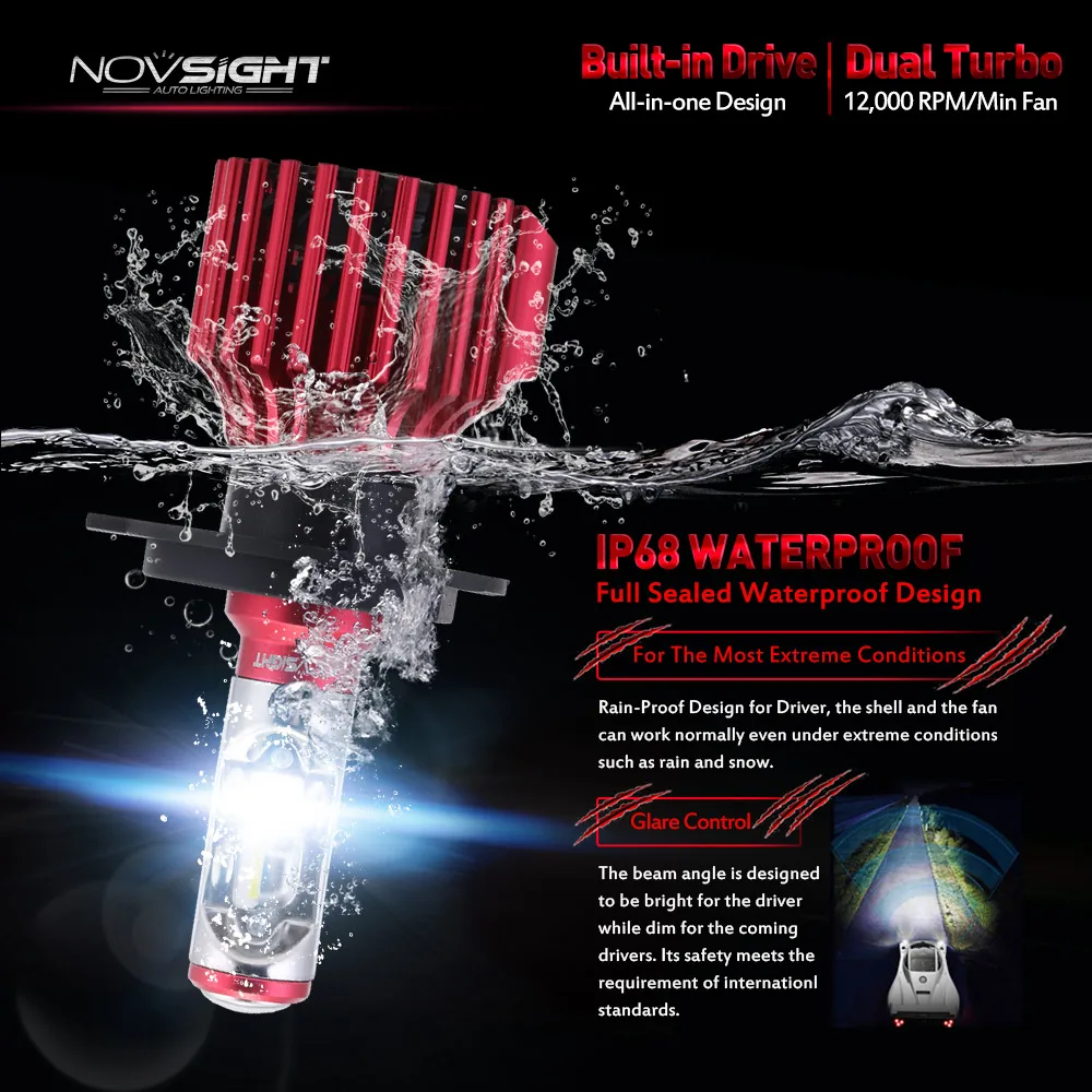 NOVSIGHT H7 H4 светодиодные фары H11/H8/H9 9005 9006 H13 Автомобильные противотуманные 60 Вт 10000LM
