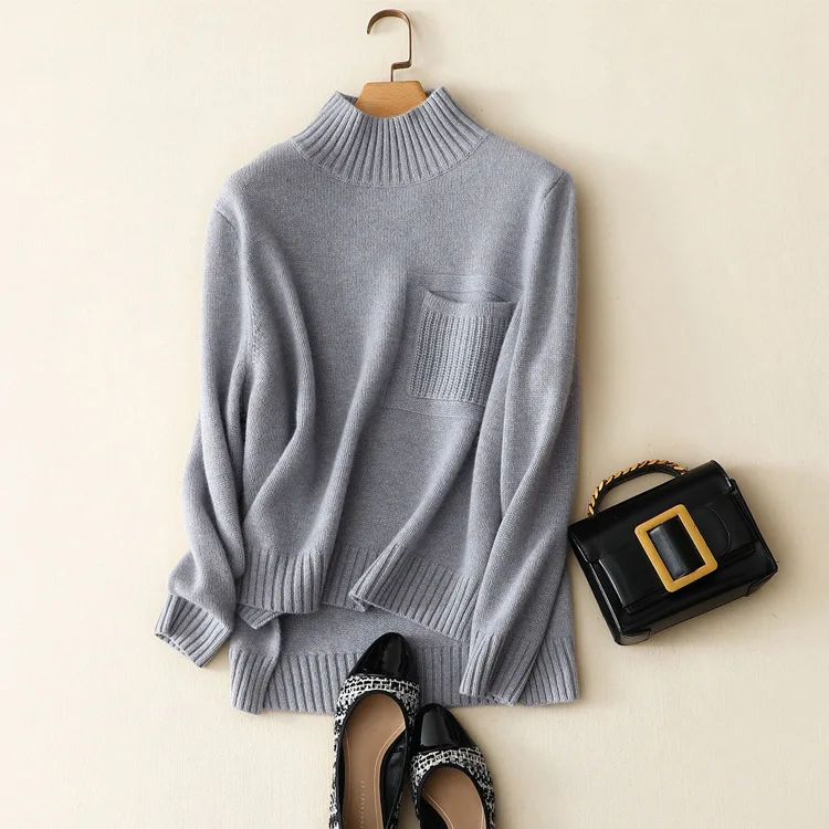 Зимний вязаный толстый свитер, Женский пуловер с высоким воротом, кашемировые свитера с карманами, длинный рукав, вязаный шикарный Повседневный уличная одежда - Цвет: Gray