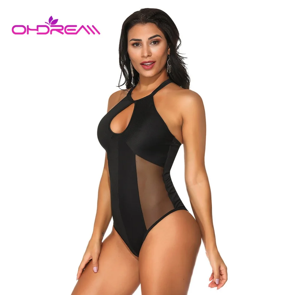 OHDREAM Stitching Mesh One Piece Swimsuit Front Keyhole Swimwear Tummy