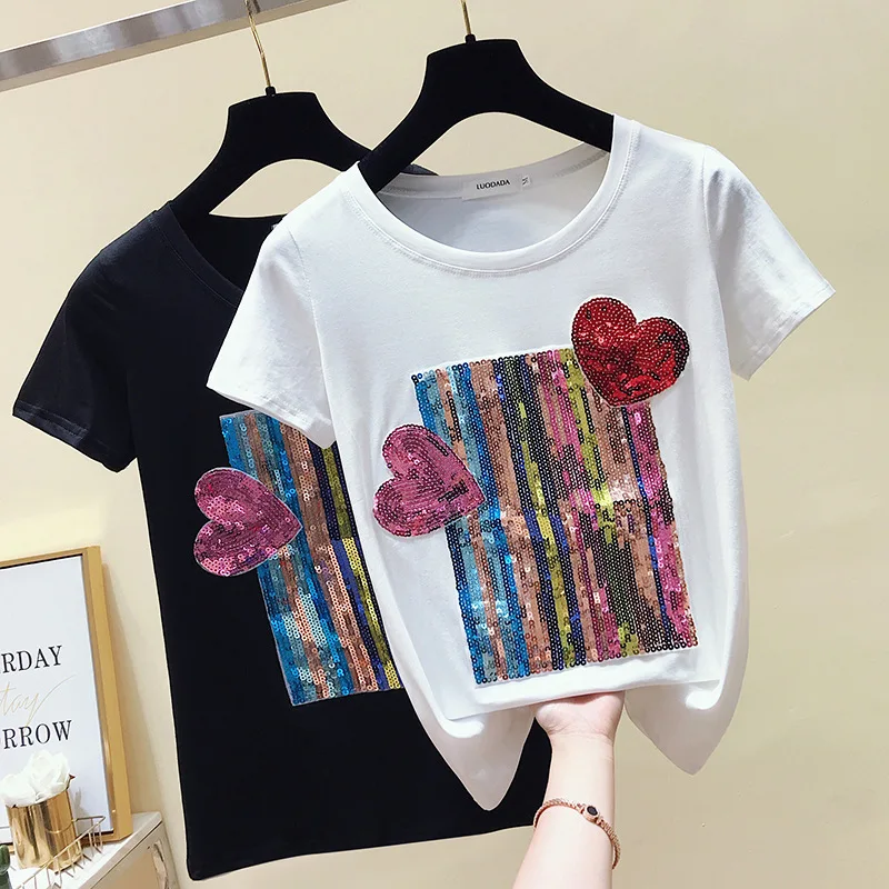 

Black And White Short-sleeved Women's Tees 2019 New Summer Loose Round Neck Wild Sequins Harajuku Embroidery T-shirt Tops