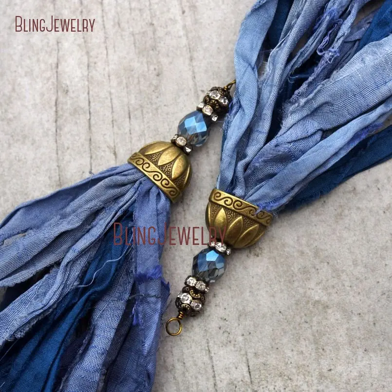 20171213-PM9150- Blue Shades Sari Silk Tassel Pendant  Antique Bronze Color Plated_4