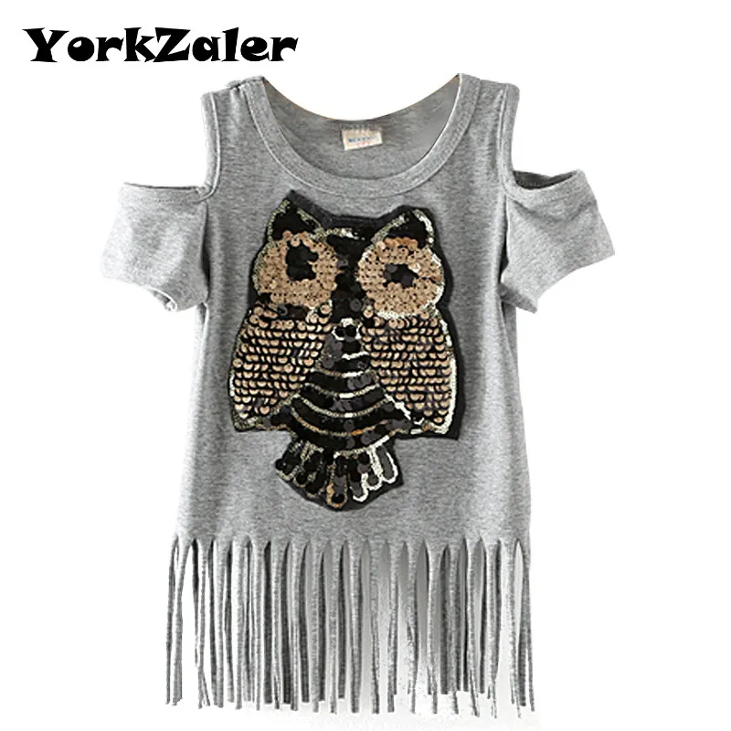 

YorkZaler Girl T Shirt Sequins Owl Kids Shirts Short Sleeve Children Tops For Girl Tees Summer Autumn Baby Girl Clothes