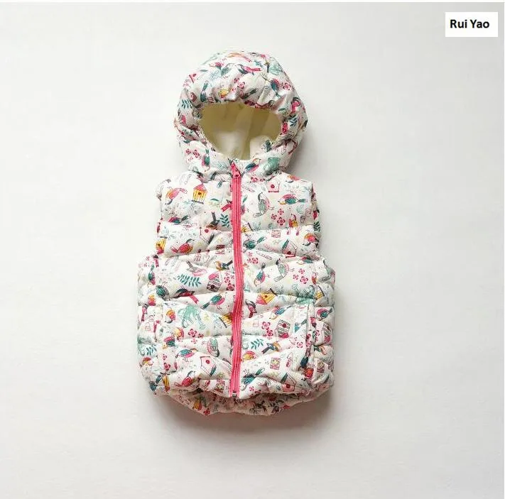 

autumn spirng infant Baby Vest For Girls Vests cute Print Animal Birds Hooded kdis Waistcoat Fleece Worm winter children Clothes