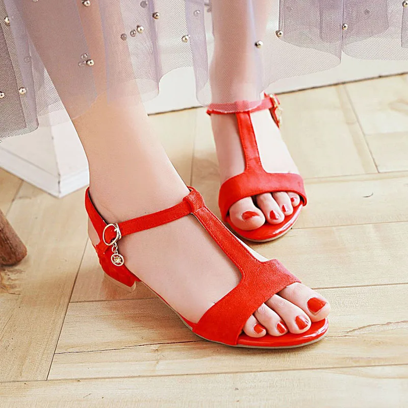 

European casual style summer cool sandals fashion diamond belt buckle black red beige medium with thick women's shoes big size