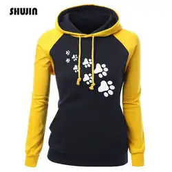 SHUJIN 2018 цвет лоскутное для женщин толстовки Толстовка Осень Kawaii Cat Paw печати пуловер с капюшоном Женский плюс размеры костюмы