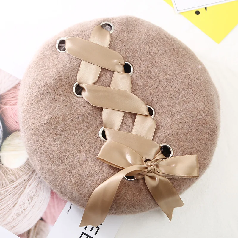 Hot Sale VISROVER New Sweet Cute Berets Women Winter Hats aron color Ribbon Woolen Lolita Beret classical Soft Straps Cross Bow_voghion.com