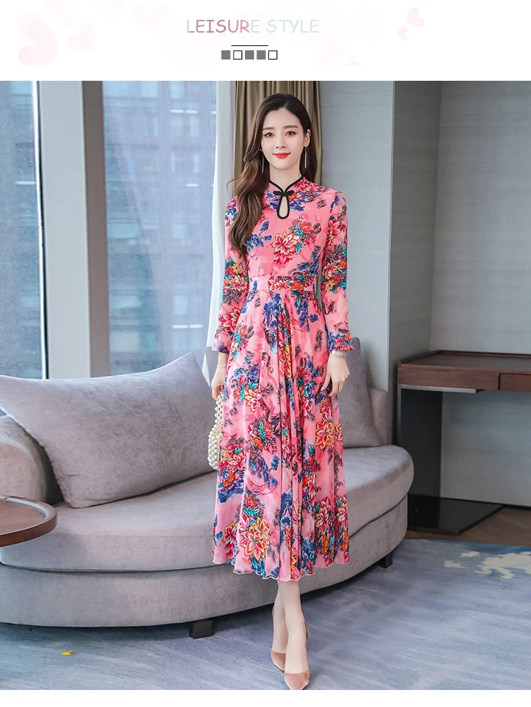 Винтажные 3XL Большие размеры Цветочные стильные китайские платья осень зима платье макси с длинным рукавом женские элегантные облегающие Вечерние платья Vestido