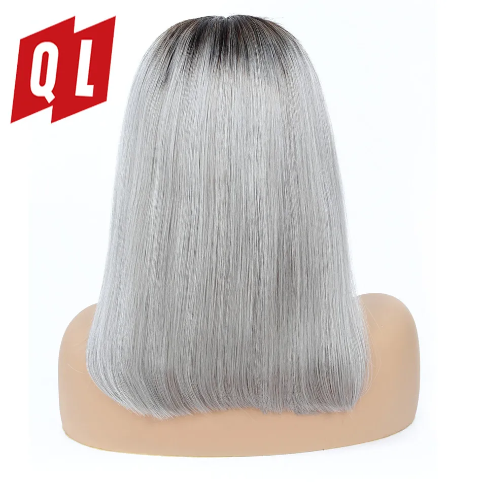 QLOVE 13*4 парик Боб Омбре кружева передние человеческие волосы парики 1b серый
