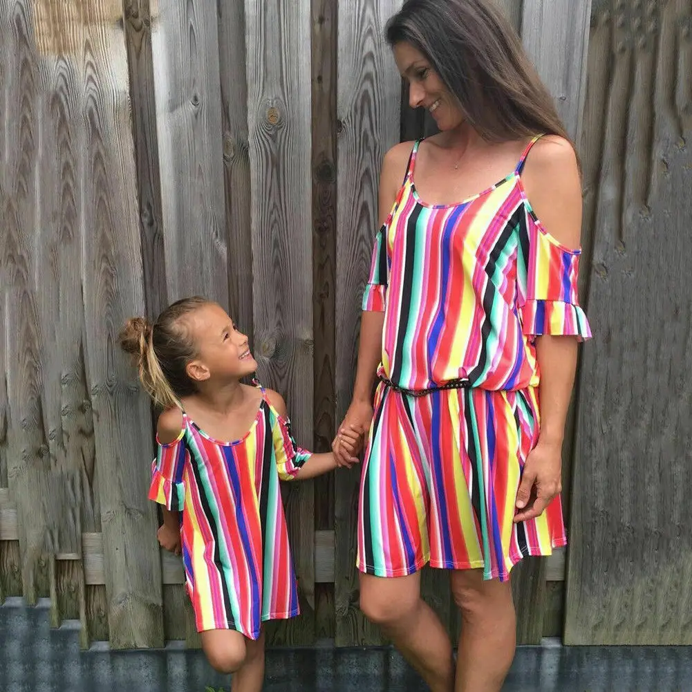 

Mommy And Me Women Kids Girls Sleeveless Multicolor Striped Mini Beach Dress Sundress Clothes