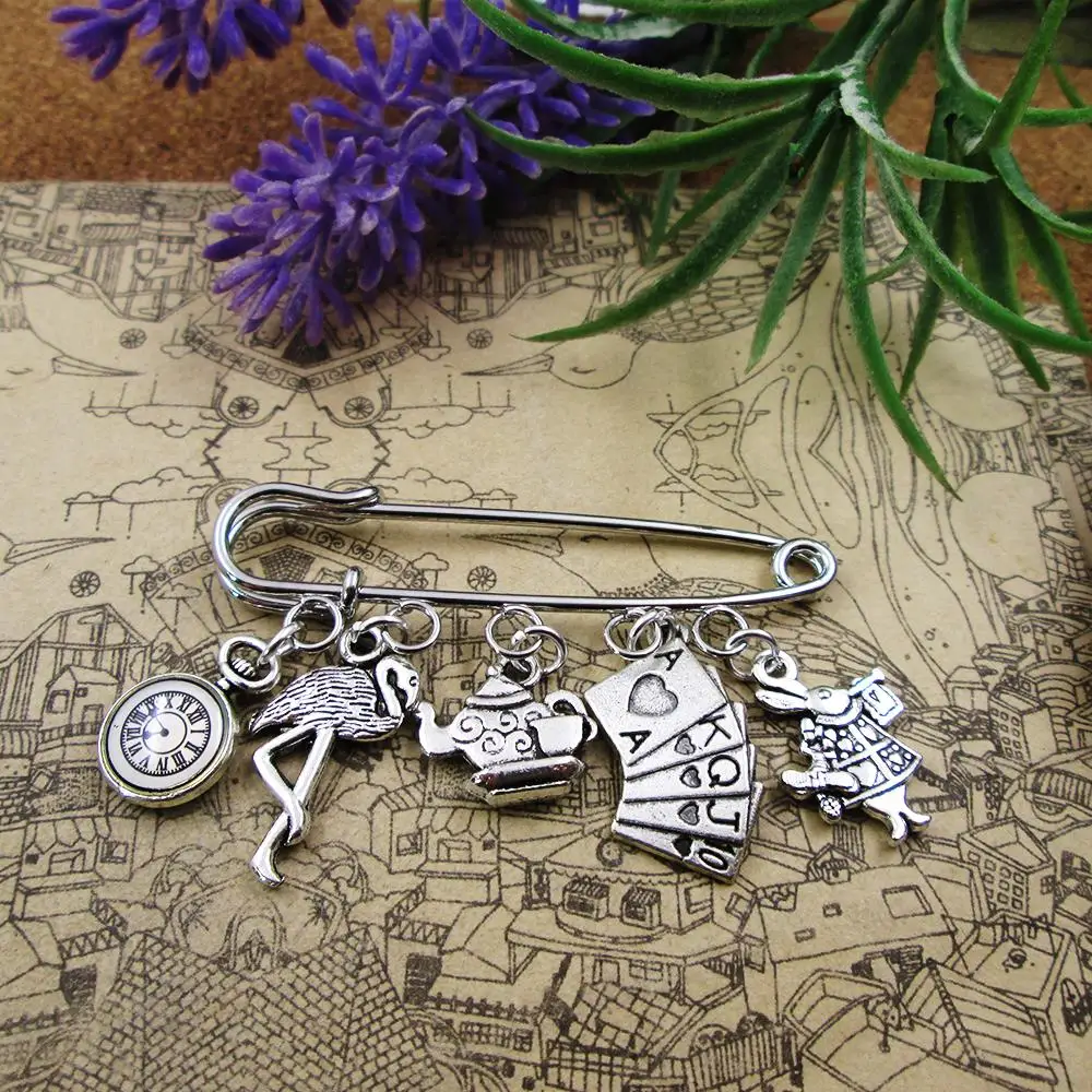 

Alice in Wonderland Silver link Brooch it is tea time silver plated charm brooch