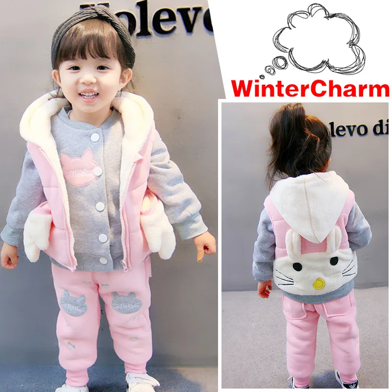 

2018 winter new suit girls cat plus velvet three-piece suit female baby winter sports suit