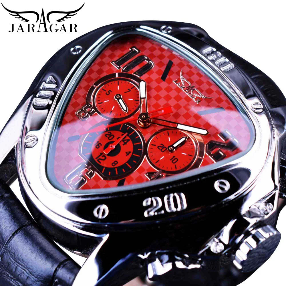 

JARAGAR Fashion Red Mens Automatic Mechanical Wrist Watches Triangle 3 Sub-dials Leather Racing Design reloj hombre Dropshipping