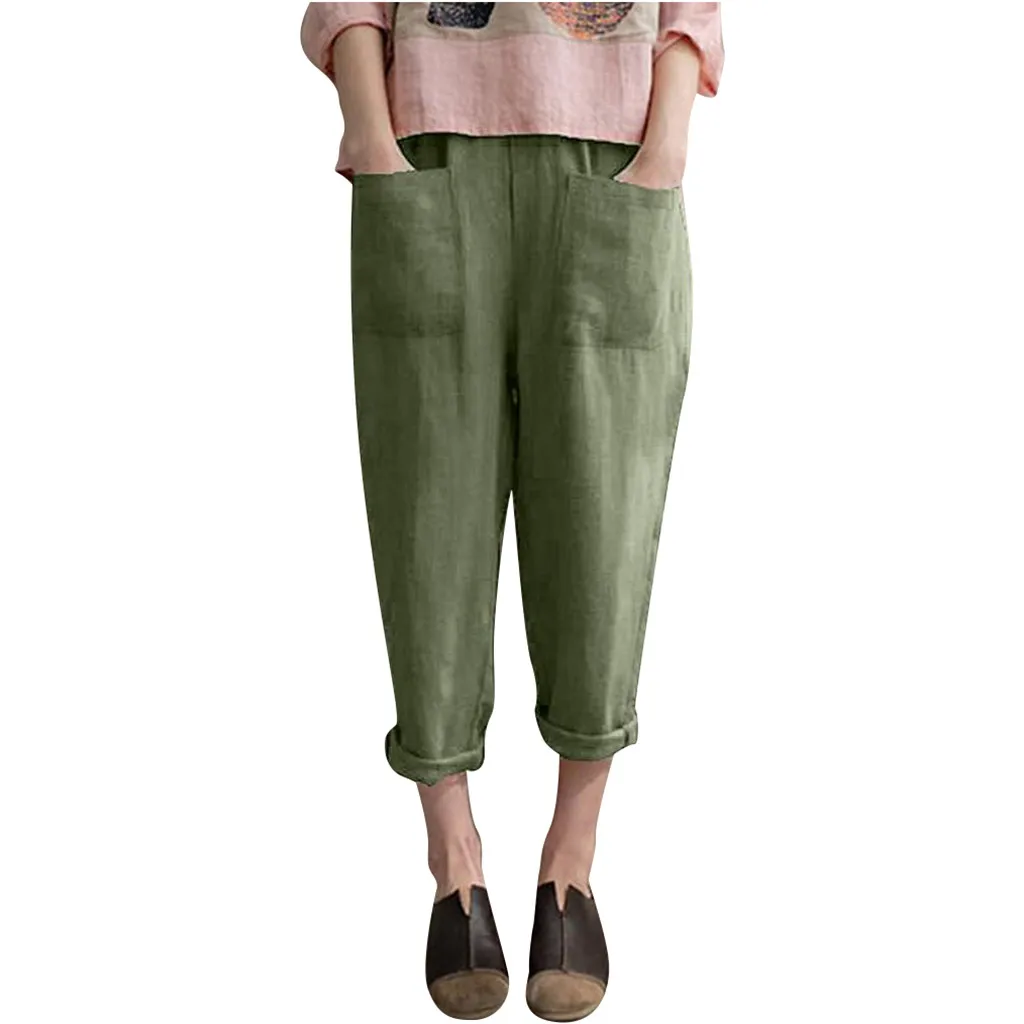 

Fashion Outdoor Womens Cotton Linen Blend Pocket Plus Size Trousers Elastic Casual Lightweight Soft Pants High Quality June 20