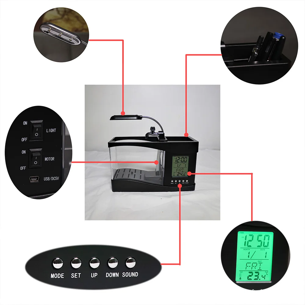 Мини аквариумный аквариум аквариумный Повседневный успокаивающий USB аквариум с светодиодный светильник ЖК-дисплей экран и часы аквариум D45