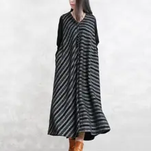 Осеннее и зимнее Новое Женское темно-серое Полосатое стеганое шерстяное платье с длинными рукавами S322
