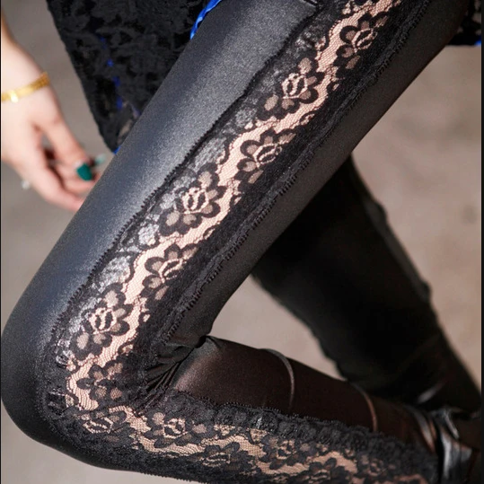 Hot Charming Warm side Lace artificial leather Leggings Skinny Stretch Pants for Autumn Winter PU Leather Legging | Женская одежда