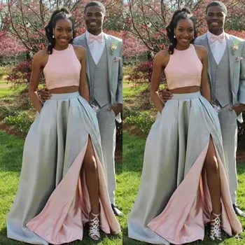 

2019 Fashion Two Pieces Prom Dresses Long Formal Two Tone Blush Pink Silver Evening Party Gowns with Sexy Split and Pockets