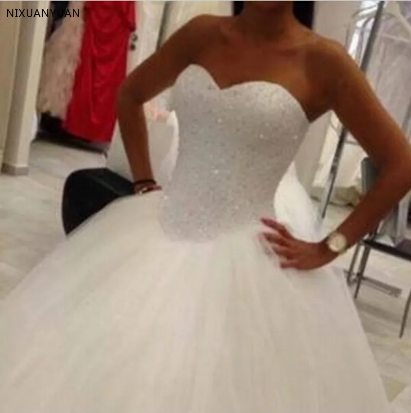 

Hot Sale 2019 Wedding Dress Beading Vestido De Noiva Lace-up Back Robe De Mariage White Bridal Gowns