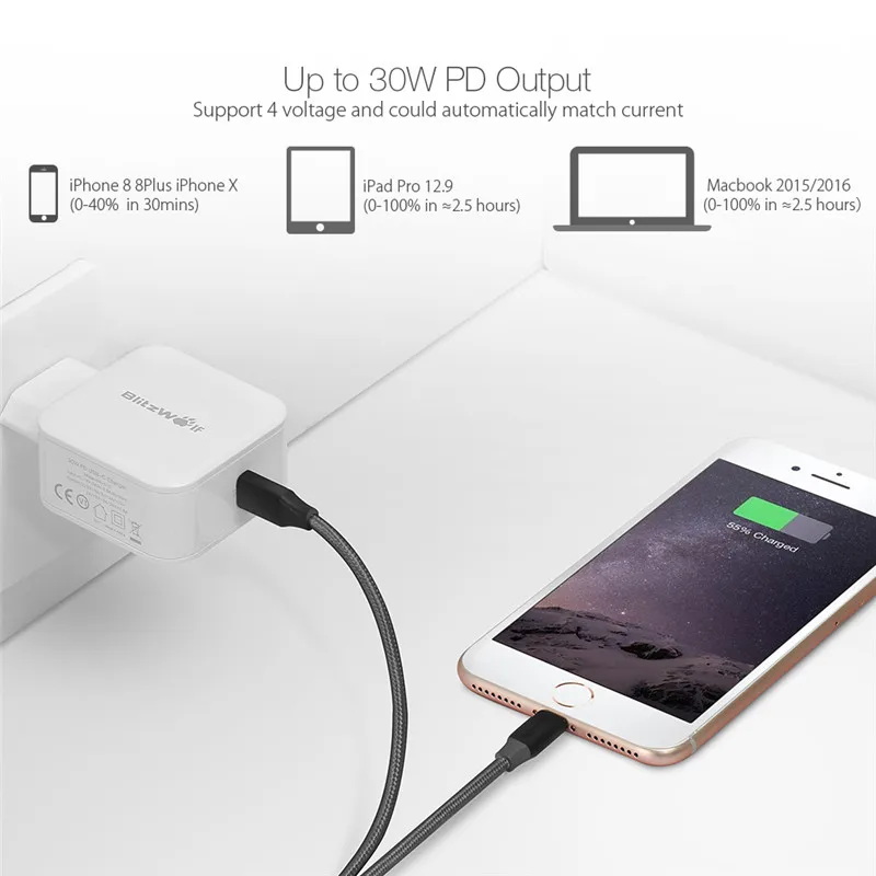 BlitzWolf usb type-C PD 30 Вт Быстрая зарядка мобильного телефона настенное зарядное устройство адаптер для iPhone 11 Pro X Max Macbook смартфон