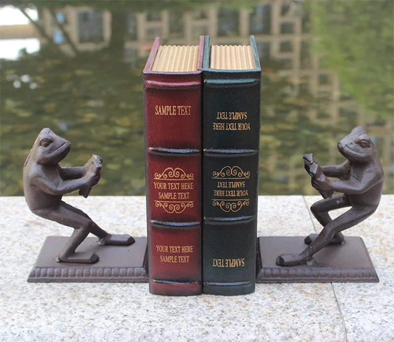 زوج من خمر الحديد الزهر كتاب ينتهي غلاف ريفي الضفدع كتاب حامل الجدول مكتب دراسة المنزل مكتب ديكور خمر ذئب مصنوع يدويًا المعادن