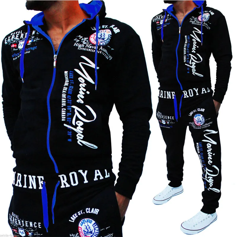 Zogaa 2019 Zipper Hooded Letter Printed Sportswear Men Set Tracksuits Casual Hoodie 2pcs Sweatshirt + Pants Set Clothing