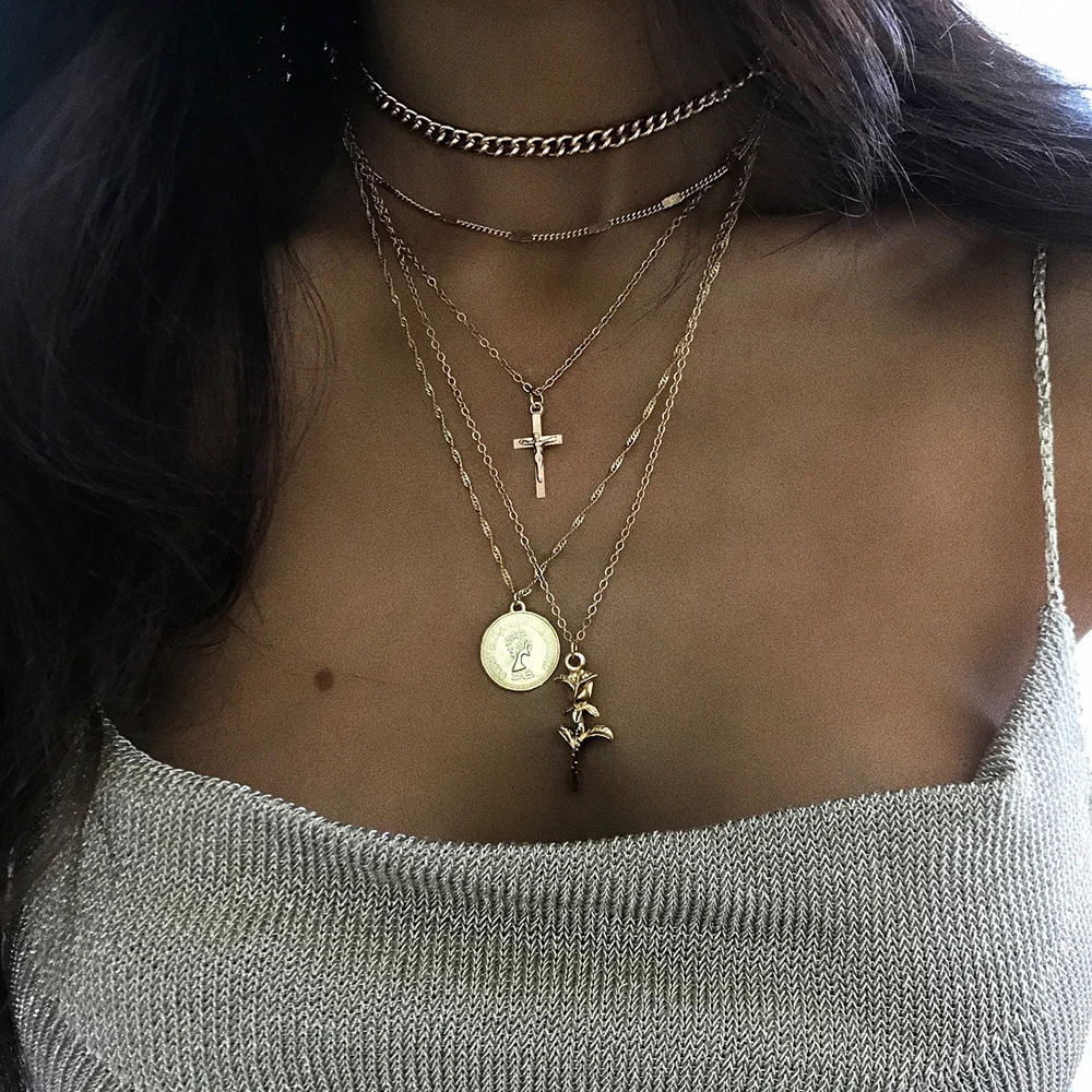 

Tisonliz Bohemian Antique Gold Coin Cross Rose Flower Pendant Chokers Necklaces Multi Layer Necklace Collar for Women Jewelry