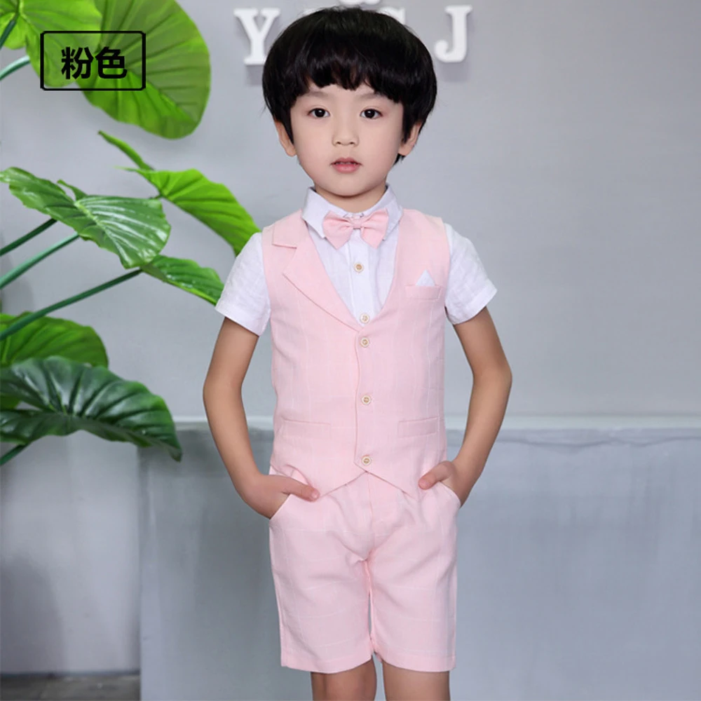 

Summer Boys Blazers Suit Kids Vest+Blouse+Tie+Pants 4 pieces/set Toddler Cotton Clothes Big Boys Blazers Sets for Weddings