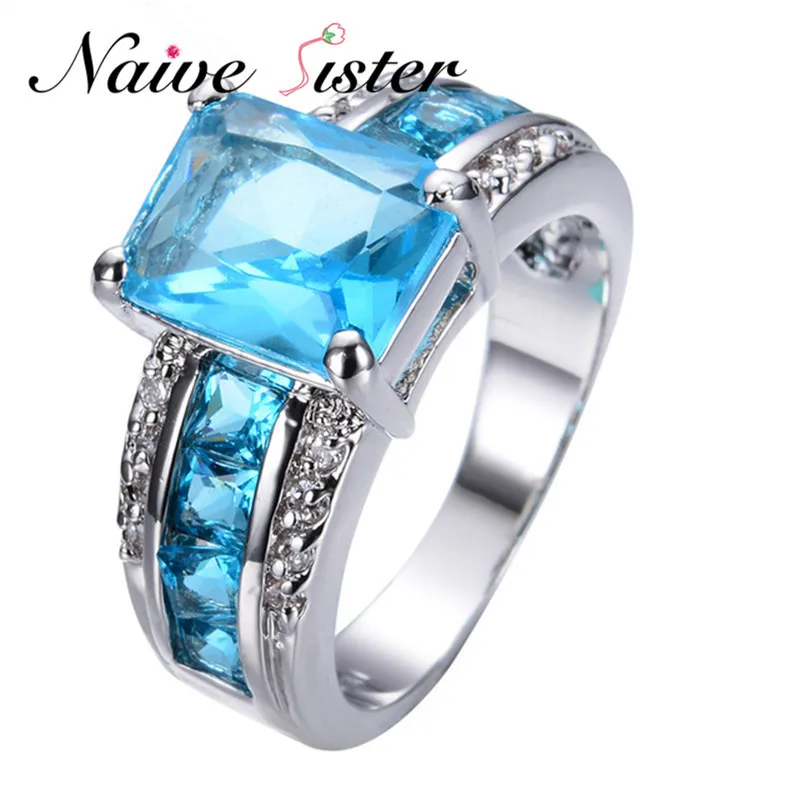 

Luxury Rings For Women Rectangle Lake Blue AAA Zircon White Gold Filled Crystal Ring Fashion Bague Femme Anel feminino