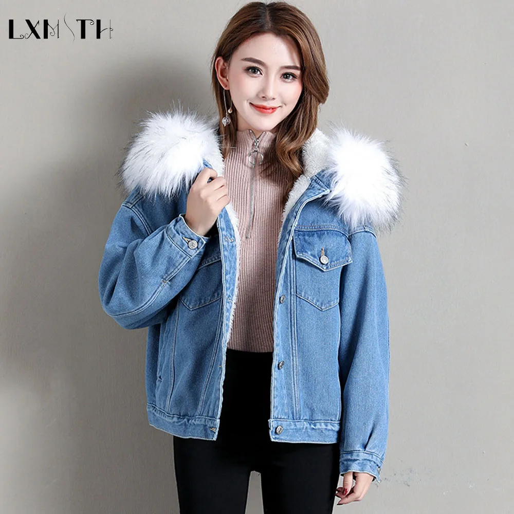 Thickening Denim Jacket Women Coats And Jackets Faux Fox Fur Collar