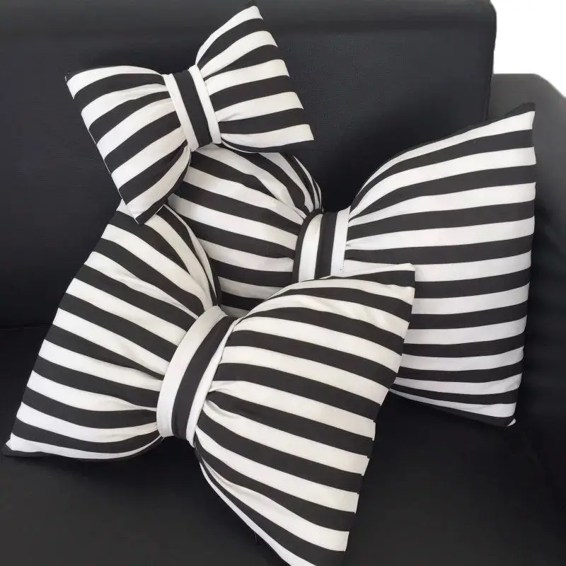 New Black White Striped Chiffon Bowknot Sofa Bed Decorative Pillow