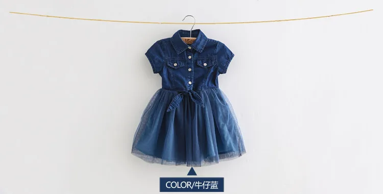 2018 Summer 2-4 6 8 10 Years Little Kids Cute Short Sleeve Turn-down Collar Bow Patchwork Lace Denim Dress For Girls 10 Year Old (6)